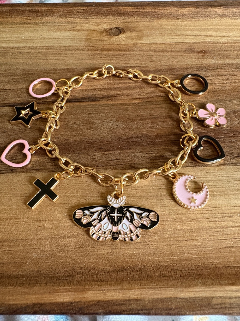 Handmade Charm Bracelet with Pink and Black Enamel Accents